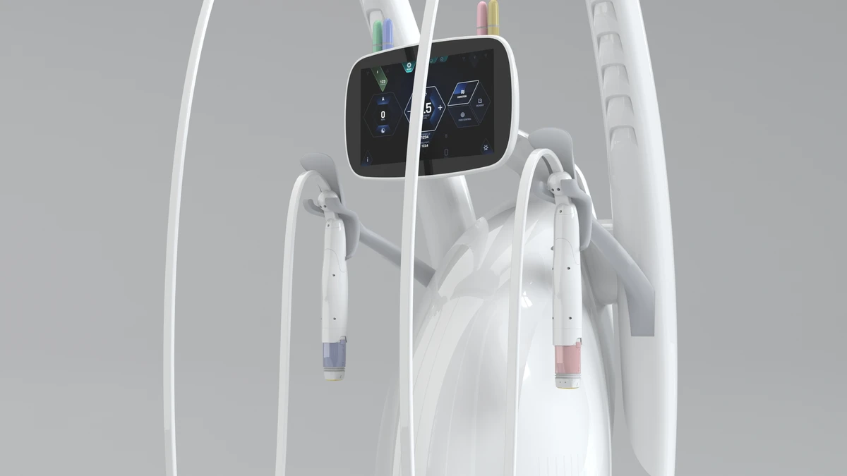 Close-up catalog view of the Volnewmer control panel and connected handpieces
